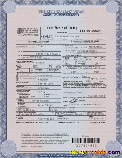 USA New York state death certificate